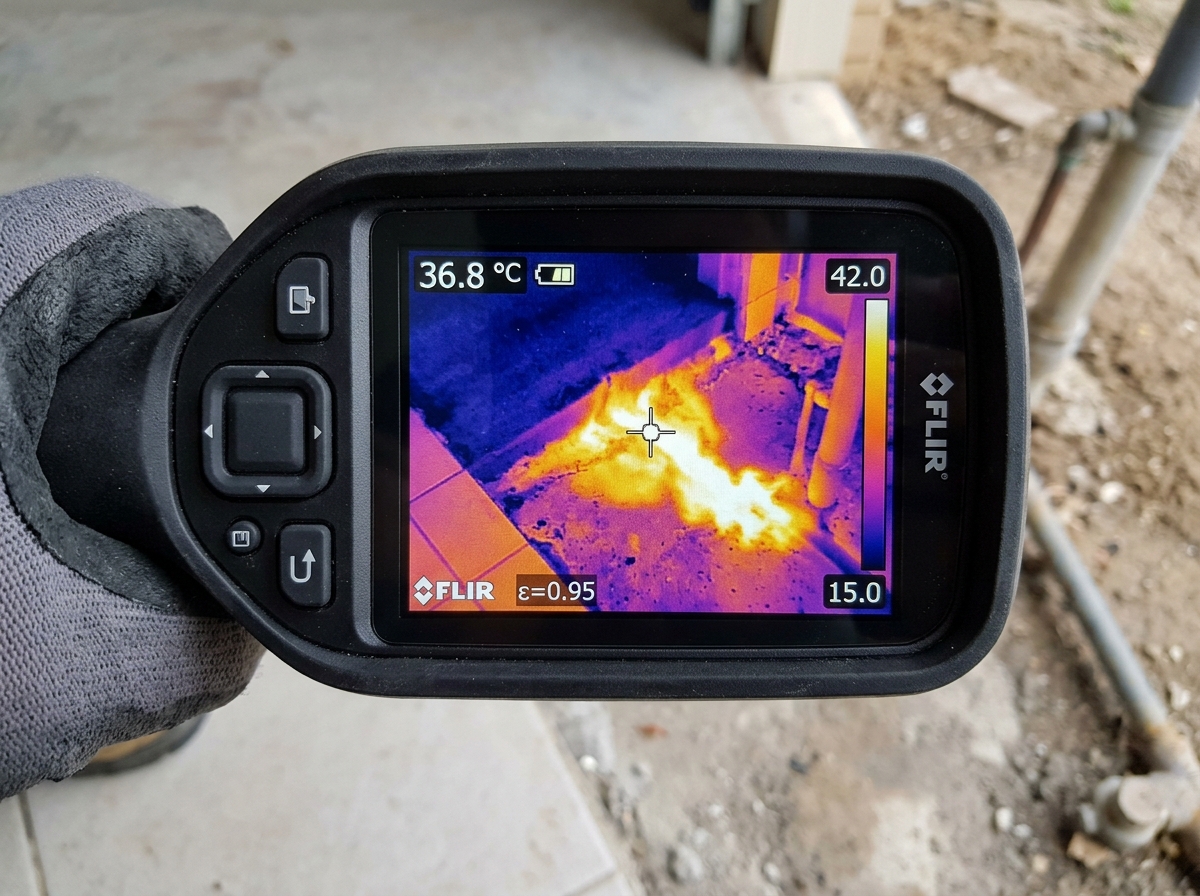 Thermal imaging scan revealing hot water heat plume under tile flooring in a Kenner home