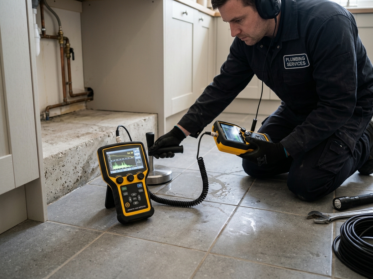 Plumbing technician compiling electronic leak diagnostic report and documentation photos on tablet